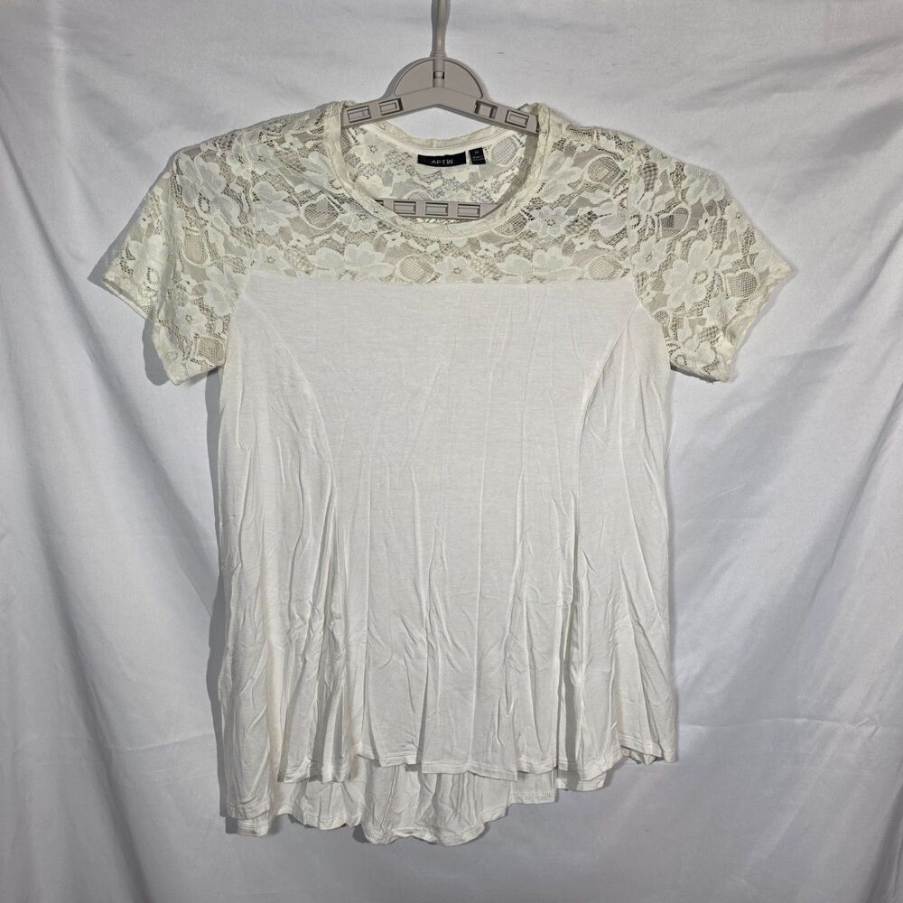 Apt. 9 Ivory Floral Lace Yoke Short Sleeve Knit Top M